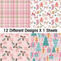 12pcs Retro Christmas Scrapbook Paper,Christmas Tree Design Single Sided DIY Craft Paper For Journal Card Making Gift Decoration. 