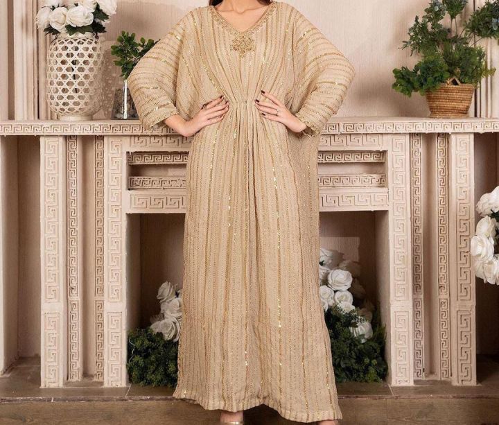 luxury Royal sequence embroidered agha jaan master kaftan in creamy skin color