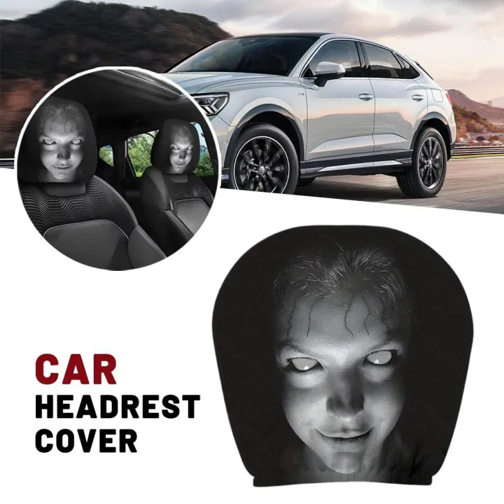 2Pcs Halloween Car Headrest Cover Black Horror Skull Printed Head Rest Cover Elastic Funny Seat Head Pillowcase Car Decor