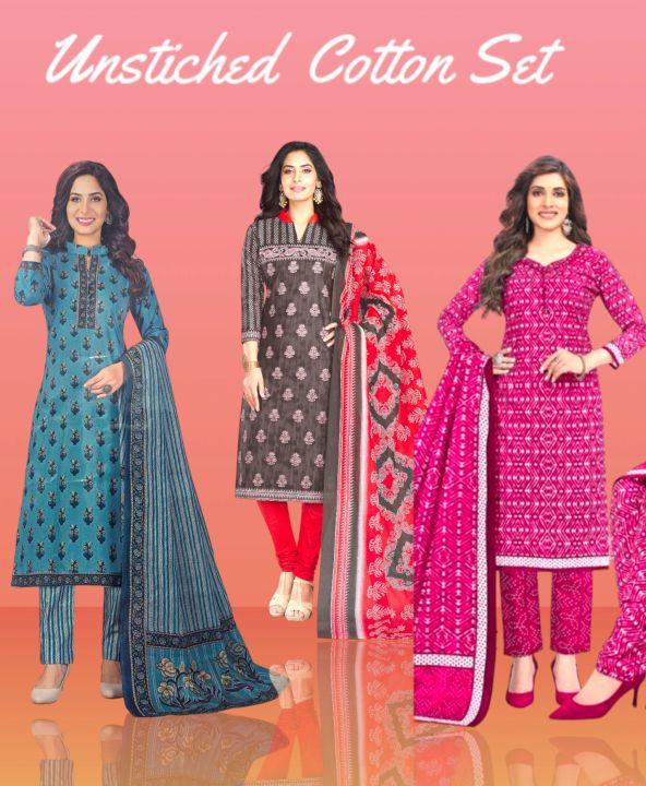 Digital Print Unstitched Cotton Kurta Suruwal With Shawl Set For Women