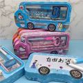 Parteet® New Multicolour Cartoon Printed Van Shape Matal Pencil Box with Accessoriess for Kids (Pink). 