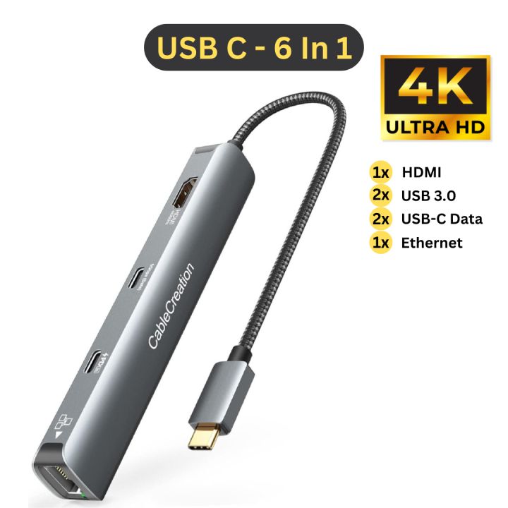 6-in-1 USB C Hub Docking Station with 4K HDMI 60Hz, Gigabit Ethernet, 100W PD Fast Charging, 2 USB 3.0, USB-C Data Port, Aluminium Housing for MacBook Pro/Air, Steam Deck, iPad Pro, Surface Pro, Dell XPS, Type-C Devices, Ideal for Work & Gaming