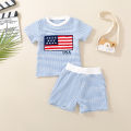 Summer Unisex Infant Independence Day Big Flag Embroidered Waffle Short Sleeve Top and Waffle Shorts Two-piece Set.