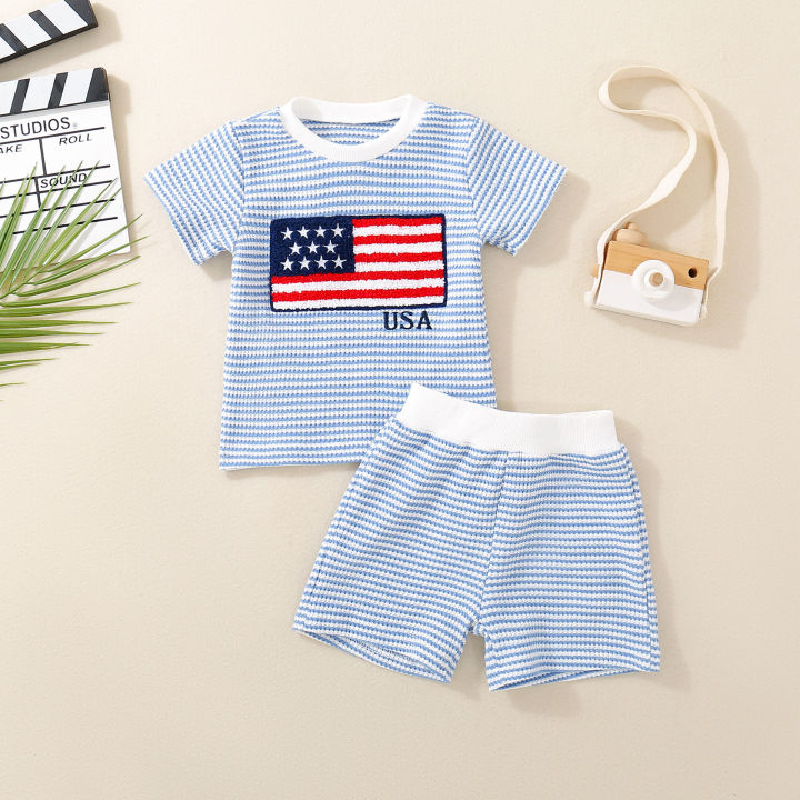 Summer Unisex Infant Independence Day Big Flag Embroidered Waffle Short Sleeve Top and Waffle Shorts Two-piece Set