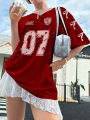 Women's Y2K  V-Neck Number 07 Print Short Sleeve Loose Fit Ballet Style Sports Jersey T-Shirt Graphic Tees Women Tops. 