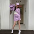Set of 2 pieces Women's long-sleeved crop top + A-line short skirt Korean-style girl's dress Korean Cute Korean girl set. 
