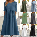 Summer New Cotton and Linen Casual Short Sleeve Pocket Fold Loose Round Neck Women's Dress 300. 