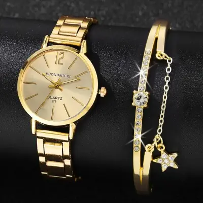2Pcs Ladies Fashion Trend Gold Digital Alloy Steel Band Quartz Watch Classic Five-Pointed Star Diamond-Diamond Bracelet Set