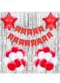 Birthday Decoration Items for Girls Boys with Red and White theme Metallic Balloons, Red Star Foil Balloons, Silver Foil Curtain, Red Banner. 