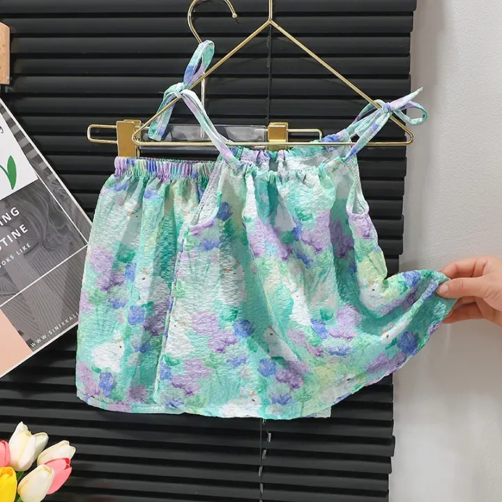 Kids%20Girls%20spaghetti%20strap%20dress%202%20piece%20set%20floral%20off%20shoulder%20drawstring%20top%20with%20shorts%20-%20Image%205