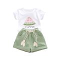 Children Girls Short Sleeve Costume Set Kids Watermelon Print Short T-shirt Shorts Suits Pullover. 