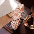 6pcs Jewelry Set Rose Gold Luxury Watch Women Ring Necklace Earring Rhinestone Fashion Wristwatch Casual Ladies Watches. 