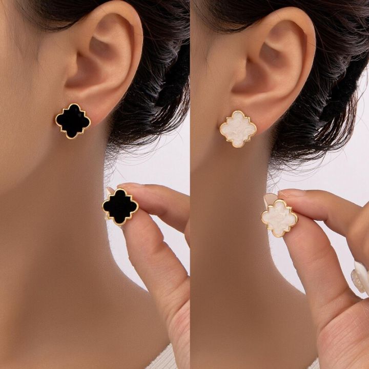 2 PCS Black White Geometric Earrings Stud Set Women Cute Epoxy Earring Post Daily Wear Trendy Jewelry Gift Stainless Steel Stud