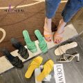Yellow Green Summer Women Square Toe Sandals Ladies Snake Print Strappy Mules 6CM High Heels Slippers Female Fashion Woman Shoes. 