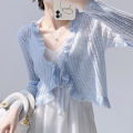 Ruffled Trim Tie Front Long Sleeve Crop Top Women Ribbed Knit Cardigan Sweater Shrug Top Summer Teen-girl Fairycore Outfit.