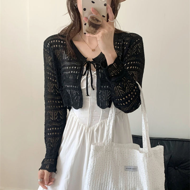 Bolero%20Cardigan%20Women%20Long%20Sleeve%20Tie%20Front%20Openwork%20Crop%20Shrug%20Top%20Lightweigh%20Cover%20Up%20Teen-girl%20Spring%20Summer%20Y2K%2090s%20Outfit%20-%20Image%202