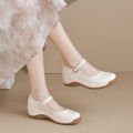 2026 Spring Women’s Mom Shoes–Soft Sole Non‑Tiring Shallow Pumps, Thick Platform Casual Leather with One‑Buckle, Wedge Heel.