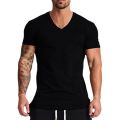 Solid Cotton V-Neck Short Sleeve Running T-Shirts Men Summer Gym T Shirt Fitness Clothing Slim Fit Bodybuilding Workout Tee Tops.