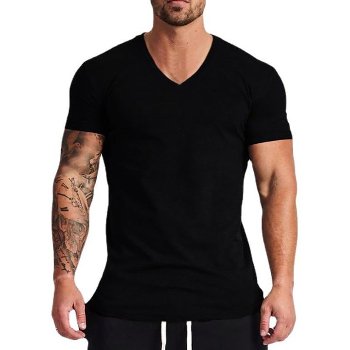 Solid%20Cotton%20V-Neck%20Short%20Sleeve%20Running%20T-Shirts%20Men%20Summer%20Gym%20T%20Shirt%20Fitness%20Clothing%20Slim%20Fit%20Bodybuilding%20Workout%20Tee%20Tops%20-%20Image%203