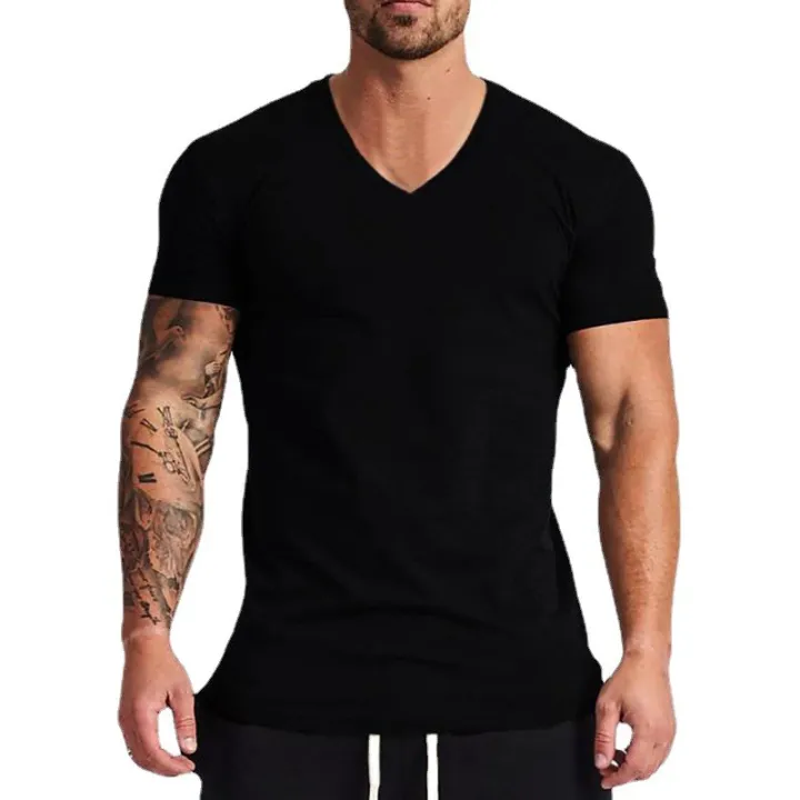Solid%20Cotton%20V-Neck%20Short%20Sleeve%20Running%20T-Shirts%20Men%20Summer%20Gym%20T%20Shirt%20Fitness%20Clothing%20Slim%20Fit%20Bodybuilding%20Workout%20Tee%20Tops%20-%20Image%203