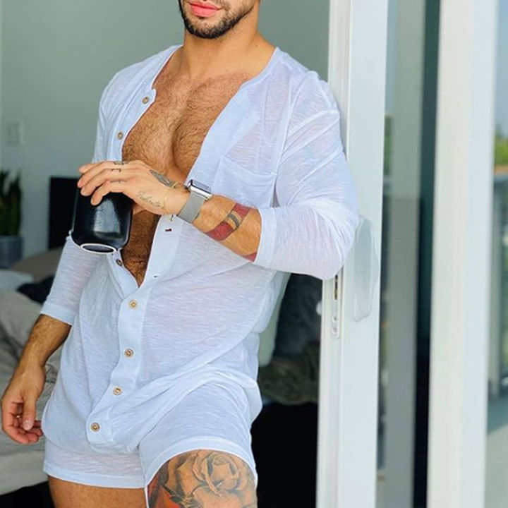 New Men Pajamas Jumpsuit Solid Color Tight O Neck Long Sleeve T Shirt and Shorts One-piece Button-down Breathable Home Wear