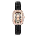 Women's Analog Watch with Diamond Studded Bezel and Black Leather Strap. 