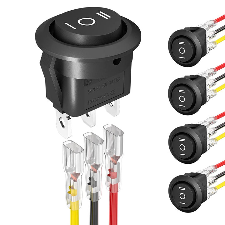 DaierTek 5PCS Round KCD1 Rocker Switch 12V 3 Pin 3 Position ON Off ON 10A/125V DC SPDT Circle Toggle Switch with Wires for Auto