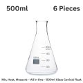Conical Flask Borosilicate 3.3 Glass 500ml 1 to 6 Pieces Erlenmeyer Narrow neck Flask with Clear Graduated Marking – Durable, Heat & Chemical-Resistant Low Form Flask for Mixing, Heating, Storage & Experiments in School, College, Professional Laboratory. 