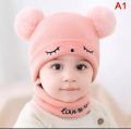 Baby Hat Scarf Set Eyes Embroidery Double pompom kid knitted Autumn Winter Neck Gaiter. 