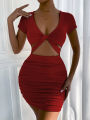 2023 Summer New Sexyt Wrap Hip Dress Party Club Solid midriff-baring Mini Dresses V-neck Short sleeve Bodycon Dress for Women. 