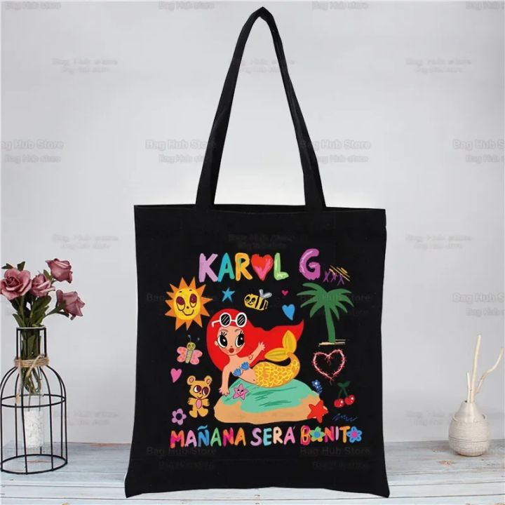 Karol%20G%20Bichota%20Manana%20Sera%20Bonito%20Music%20Singer%20Shopping%20Black%20Canvas%20Tote%20Bag%20Cartoon%20Reusable%20Cloth%20Bag%20Handbag%20Shoulder%20Bags%20-%20Image%205