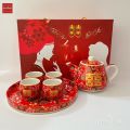 Chinese tea set Tea Tea Cup auspicious wedding tea ceremony Tea Set 4 tea water glass with teapot and Gold red tile tray. 