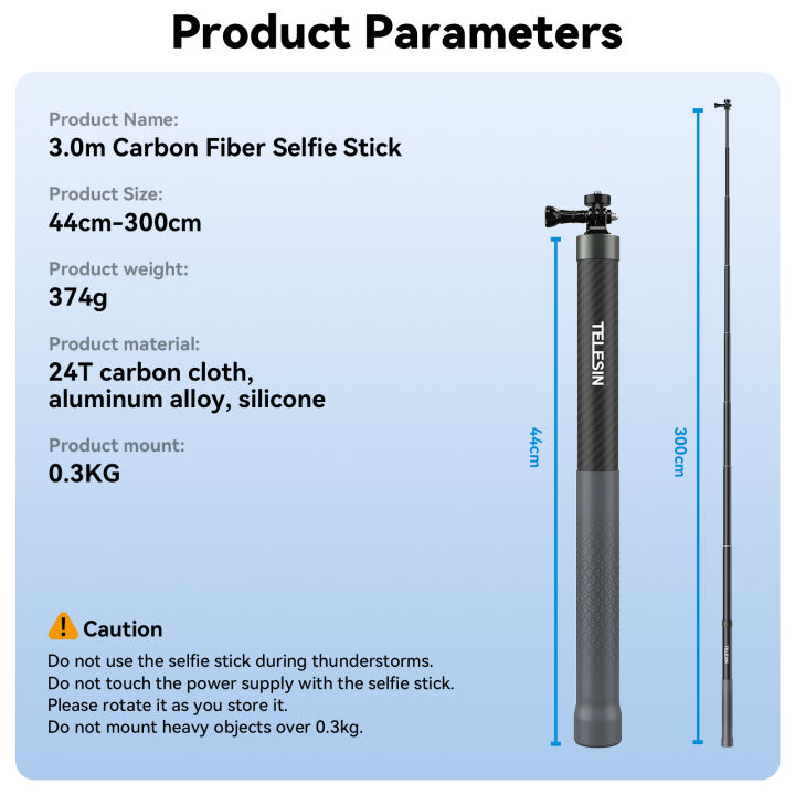 TELESIN%201.2M%203M%20Carbon%20Fiber%20Selfie%20Stick%20Monopod%20Extendable%20With%201/4%20Screw%20For%20GoPro%20Insta360%20Osmo%20Action%20DJI%20Action%20Camera%20-%20Image%208