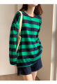 Tzy new long-sleeved T-shirt. cute striped design, comfortable to wear, soft texture, fashion clothes, black/green, black, round neck design.. 