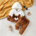 2025 Cute Baby Boys and Girls 2PCS Clothing Set Cartoon Pattern Hooded Long Sleeved Plush Suit Winter Warm Outfit for 0-1Y. 