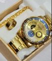 PACK OF 3/MEN'S FASHION WEDDING DEAL -FASHION HIGH QUALITY GOLDEN LUXURIES STAINLESS STEEL ROUND DIAL WITH STAINLESS STEEL STRAPS WATCH WITH GOLDEN CHAIN BRACLET WITH TITANIUM STAINLESS STEEL GOLDEN RING FOR MEN AND BOYS. 