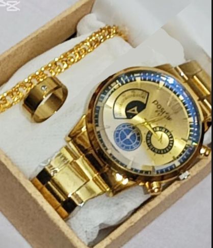 PACK OF 3/MEN'S FASHION WEDDING DEAL -FASHION HIGH QUALITY GOLDEN LUXURIES STAINLESS STEEL ROUND DIAL WITH STAINLESS STEEL STRAPS WATCH WITH GOLDEN CHAIN BRACLET WITH TITANIUM STAINLESS STEEL GOLDEN RING FOR MEN AND BOYS