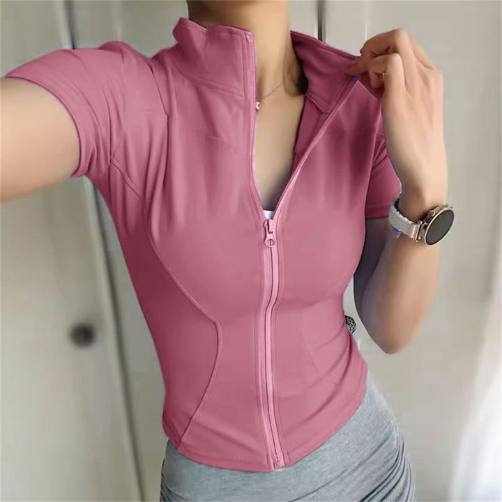 Women%20Summer%20Slim%20Yoga%20Tops%20Stand%20Collar%20Full%20Zipper%20Short%20Sleeves%20Shirts%20Solid%20Workout%20Clothes%20Gym%20Running%20Coats%20Lady%20Casual%20-%20Image%205