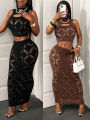 FHSEER Plus Size 2PCS Women's Set See Through Mesh Hollow Out Crop Tank & High Waist Bodycon Mini Skirt Stretechy Clubwear.