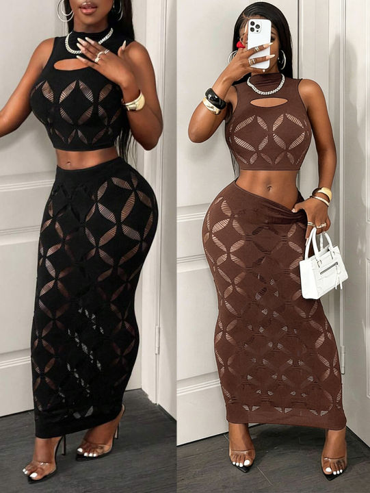 FHSEER Plus Size 2PCS Women's Set See Through Mesh Hollow Out Crop Tank & High Waist Bodycon Mini Skirt Stretechy Clubwear