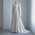 Luxury Silk Maxi Dress for Women | Light Blue Full Sleeves Long Gown | Elegant Modest Party & Wedding Wear | Designer Satin Stitched Frock. 