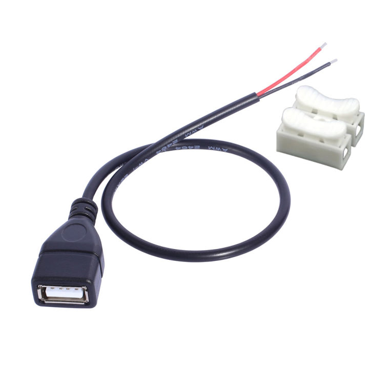 2 Pin USB DIY Power 5V 5A with 2-Position Spring Connector 20AWG USB Female Pigtail 2 Wire USB 2.0 Plug to Bare Open End Cable