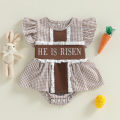 Summer Easter Infant Baby Girl Bodysuit Fly Sleeve Letter Embroidery Lace Playsuit Casual Clothes. 