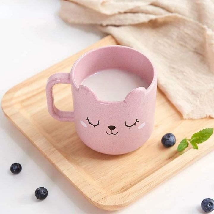 Cute Cup Cat Pattern Handle Cup Milk Coffee Wheat Straw Plastic Water