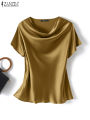 ZANZEA Summer Fashion Satin Blouse Women Short Sleeve Solid Shirt Female Casual OL Work Tunic Tops Elegant Loose Blsuas Oversize. 