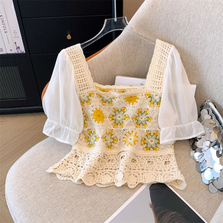 Granny%20Square%20Top%20Crochet%20Knit%20Hollow%20Out%20Embroidery%20Lace%20Square%20Neck%20Blouse%20Summer%20Women%20Teengirl%20Fairycore%20Outfit%20-%20Image%203