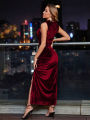 Women's Velvet Maxi Dress Sleeveless High Neck Ruched Bodycon Evening Party Formal Long Dress. 