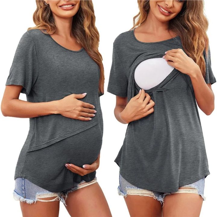 Pregnant%20Women's%20Summer%20Fashionable%20Irregular%20Breastfeeding%20Top%20Soft%20and%20Comfortable%20Round%20Neck%20Anti%20Light%20Short%20Sleeved%20T-shirt%20-%20Image%204