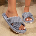 Solid Striped Women's Cotton Fabric Slippers Indoor Cross Strap Open Toe Flat Flip Flops Autumn Lightweight Comfort Slides. 