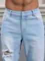 Men's Light Blue Ripped Jeans for Spring and Autumn. Casual Denim Trousers. Street Ripped Daily Casual. 